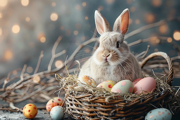 Photo concept de pâques un lapin de pâque blanc et moelleux assis dans un panier avec des œufs colorés