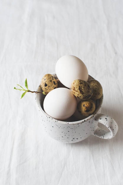 Concept de Pâques avec des oeufs dans une tasse sur un tableau blanc avec des branches et des feuilles sur fond de tissu copie espace vue de dessus