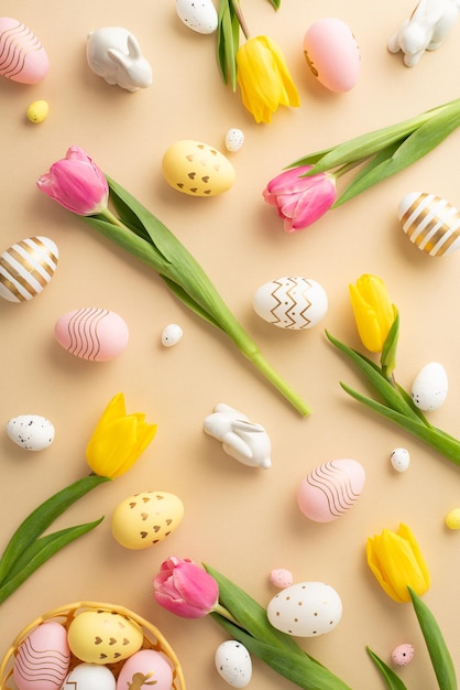 Concept de Pâques Vue supérieure photo verticale d'œufs de Pâque colorés dans un bol de lapins de Pêche en céramique tulipes jaunes et roses sur un fond beige clair isolé