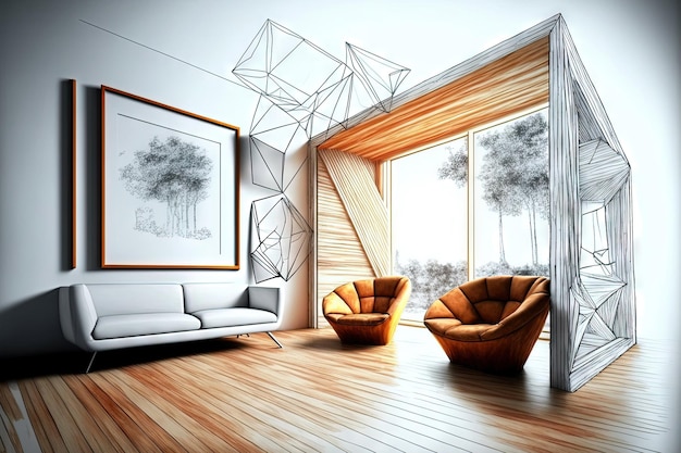 Concept par un architecte et architecte d'intérieur salon en bois moderne salon salle d'attente chaise en rotin cabine ébauche dessinée à la main idée incomplète qui devient vraie Parquet une maquette d'un cadre