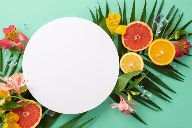 Photo concept de paradis des fruits d'été vue supérieure couche plate de fleurs d'alstroemeria colorées avec des tranches d'orange mûres citron et citron avec des feuilles de palmier luxuriantes sur fond bleu teal avec un cercle pour le texte