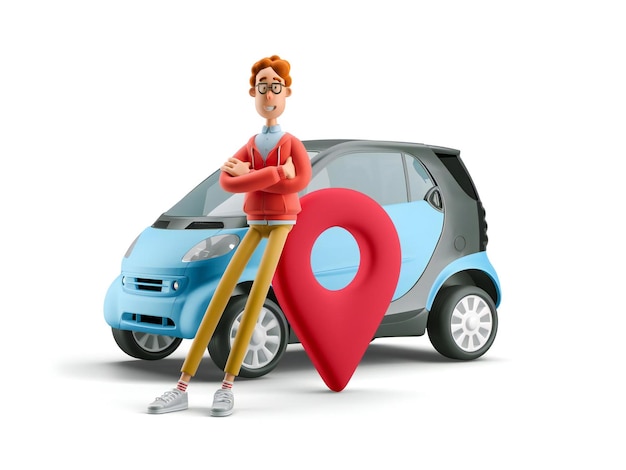 Concept de partage de voitures Nerd Larry avec une illustration 3D de voiture intelligente
