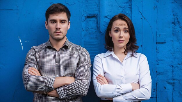 Photo concept de partenariat dans les affaires jeune homme et femme regardant soupçonneux contre le mur bleu