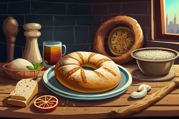 Concept de pâtisserie turque traditionnelle avec un pogaca et un bagel sur une table rustique