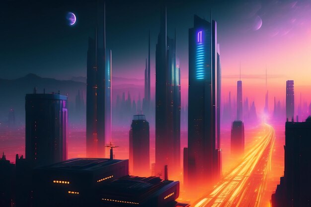 Concept de paysage Cyberpunk de ville de nuit