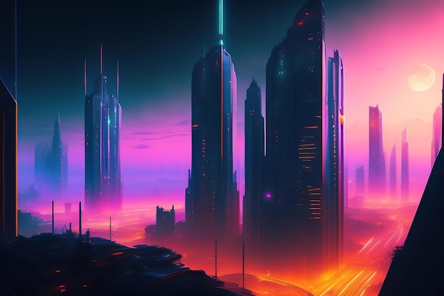 Concept de paysage Cyberpunk de ville de nuit