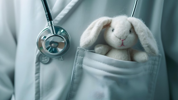 Le concept de pédiatre est un lapin jouet dans la poche du manteau du médecin et un stéthoscope sur fond blanc.