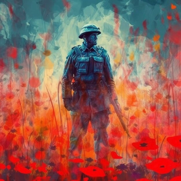 Concept de peinture abstraite Style art coloré d'un soldat dans un champ de coquelicots rouges Anzac day