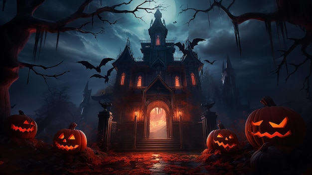 Concept de peinture artistique de fond d'Halloween avec citrouille dans un cimetière fantasmagorique la nuit