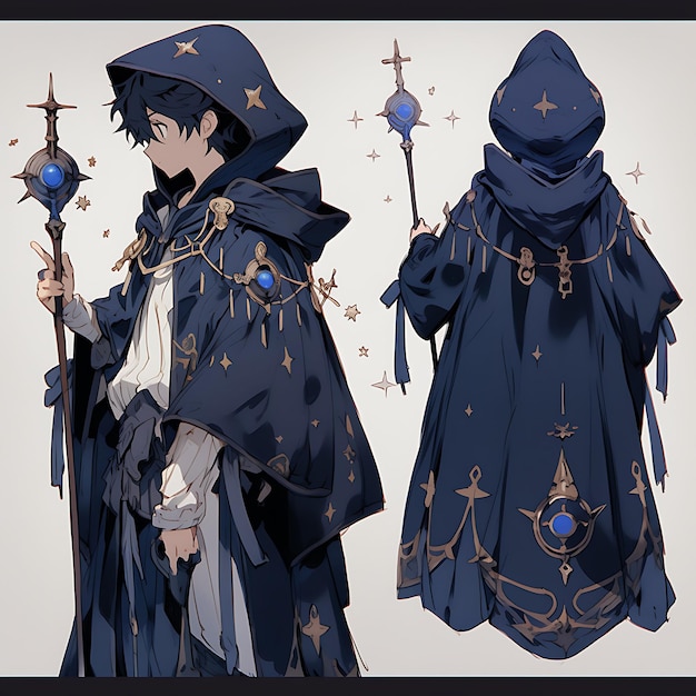 Photo concept de personnage d'anime male short magician robes avec un bâton rich jewel tones enig sheet art
