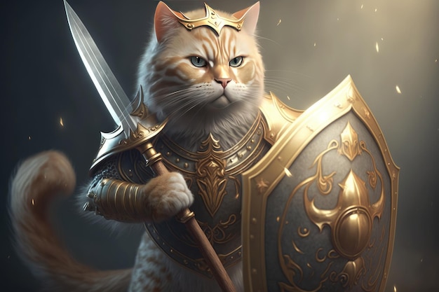 Photo concept de personnage de chat avec bouclier et épée dans les âges anciens ia générative