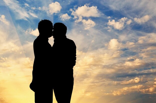 Concept de personnes homosexuelles. Silhouette gay heureux s'embrasser contre le ciel du soir