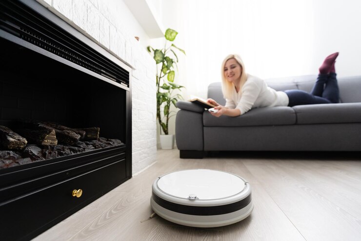 concept de personnes, de travaux ménagers et de technologie - femme heureuse et robot aspirateur à la maison.