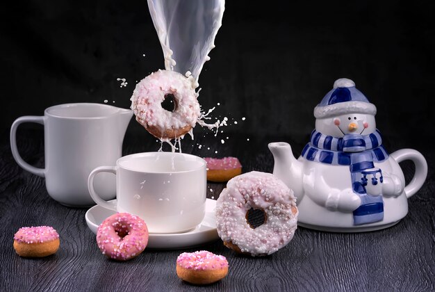 Concept De Petit Déjeuner De Noël Avec Beignet Volant Avec éclaboussures De Lait Et Théière Bonhomme De Neige