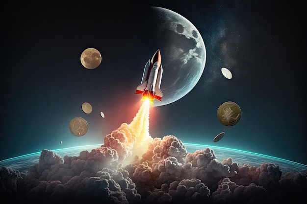 Concept photographique de la technologie Future Currency Blockchain et crypto-monnaie pour lancer une fusée