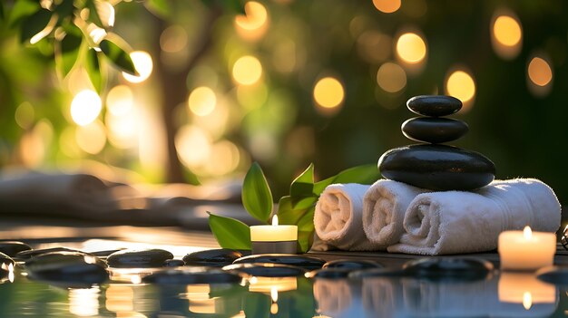 Photo concept de pierres de massage de spa avec des serviettes et des bougies dans un fond naturel ia générative