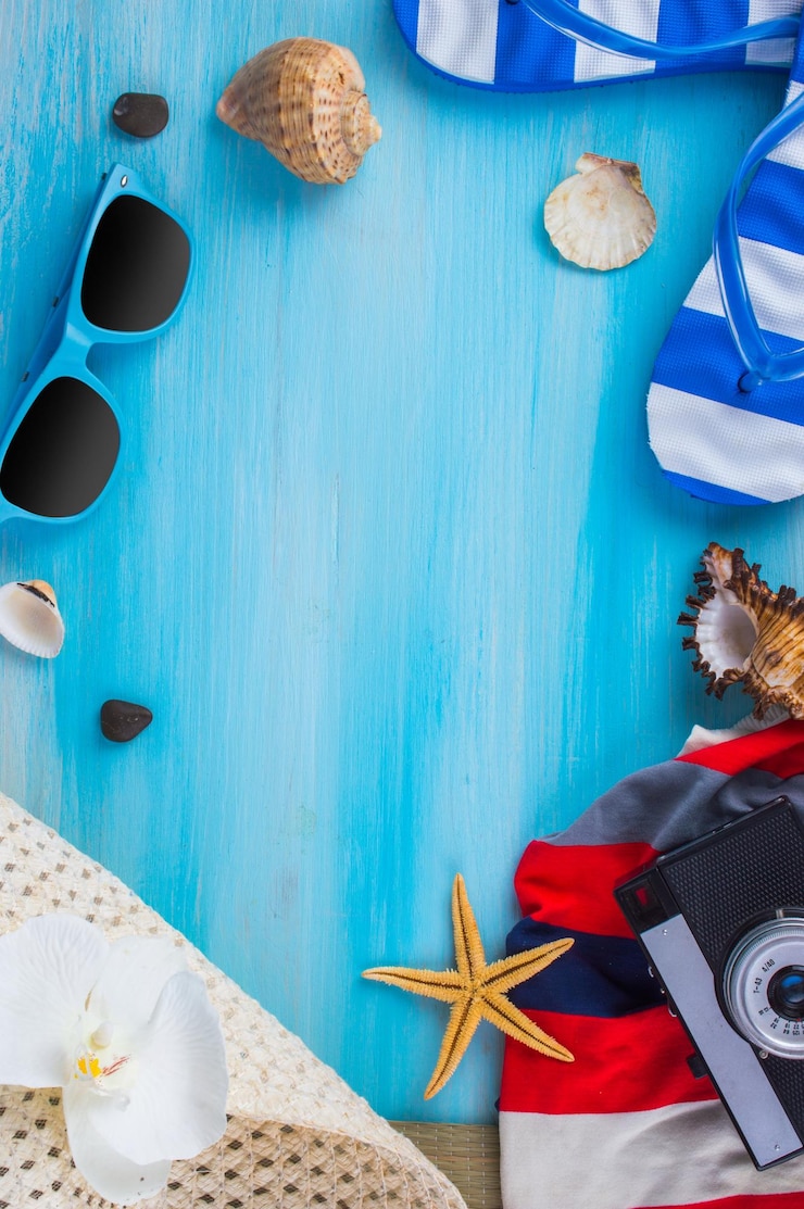 Photo concept de plage set to travel flat top view lay