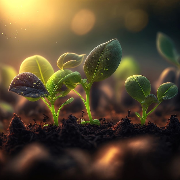Concept de plantes de croissance dans la nature lumière du matin sur fond vert Petites jeunes plantes sur fond vert le concept de gérance de l'environnement et la Journée mondiale de l'environnement