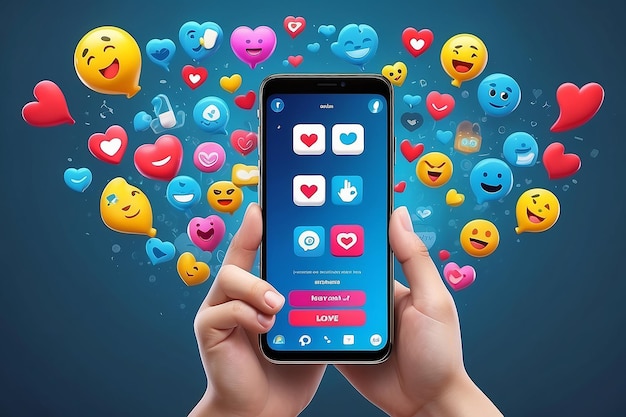 Concept de plateforme de communication de médias sociaux 3D en ligneTéléphone tenu à la main avec emoji