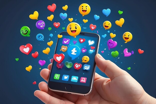 Concept de plateforme de communication de médias sociaux 3D en ligneTéléphone tenu à la main avec emoji