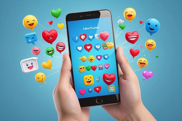 Concept de plateforme de communication de médias sociaux 3D en ligneTéléphone tenu à la main avec emoji