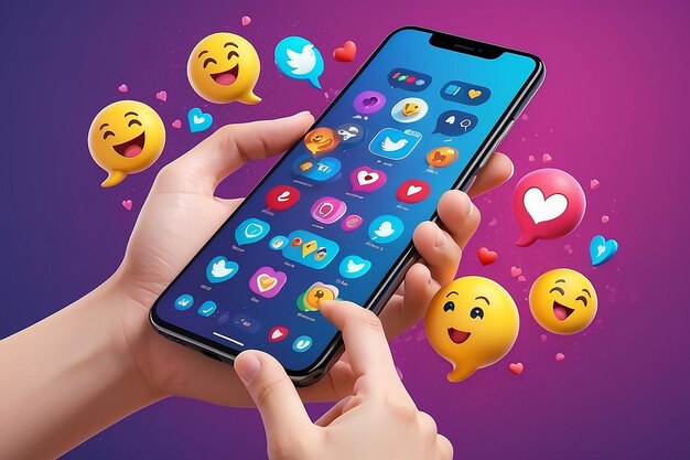 Concept de plateforme de communication de médias sociaux 3D en ligneTéléphone tenu à la main avec emoji