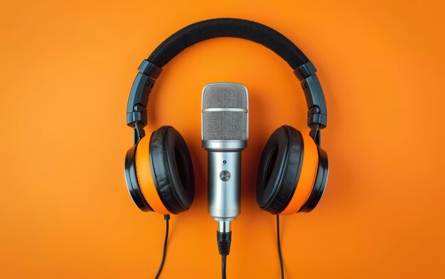 concept de podcasting ci-dessus vue des écouteurs et du microphone d'enregistrement sur fond orange