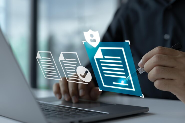 Photo concept de politique de confidentialité et de protection des données smart contract un homme signant une signature numérique sur un contrat commercial en ligne