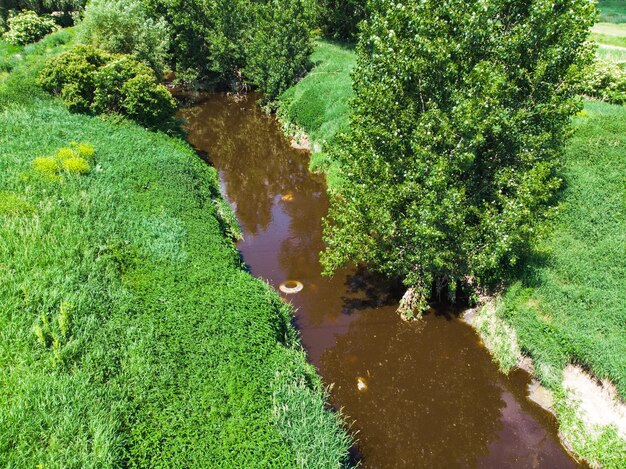 Concept de pollution de la rivière brune sale au bord de la rivière verte