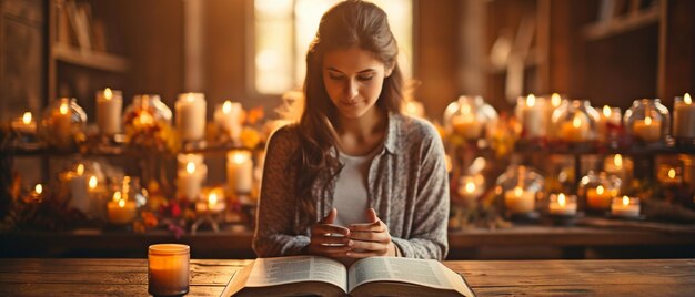 Concept pour la foi dans la spiritualité et la religion avec les mains jointes en prière sur une sainte bible dans une église