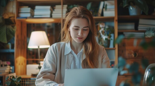 Photo concept pour le travail à domicile travail à distance étude éducation fille assise avec un ordinateur portable à la maison