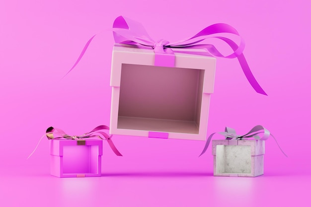 Le concept de présentation de coffrets cadeaux cadeaux sur fond rose rendu 3D