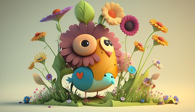 Concept de printemps avec un oeuf et un poulet abstrait entouré de fleurs colorées image 3d AI générative