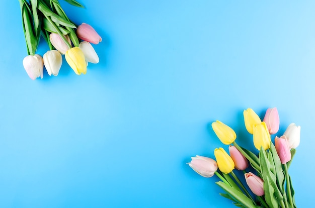 Concept de printemps ou de vacances, un bouquet de tulipes sur fond bleu