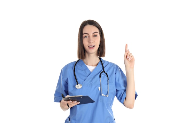 Concept de profession jeune femme médecin isolé sur fond blanc