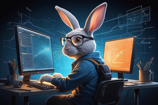 Le concept d'un programmeur en tant que personnalité de lapin technologique éclaire le portrait mettant en valeur son expertise et son enthousiasme dans le domaine dynamique de l'informatique et du développement