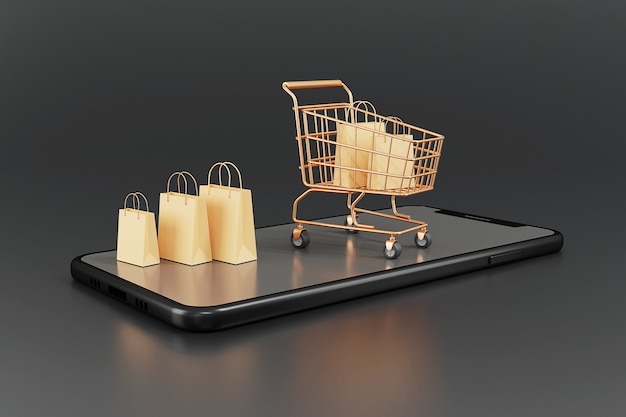 Concept de promotion des achats en ligne 3D avec maquette de smartphone sur fond sombre Rendu 3D.