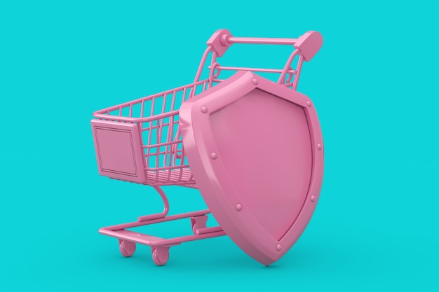 Concept de protection des consommateurs. Panier rose avec bouclier en métal rose en style bichromie sur fond bleu. Rendu 3D