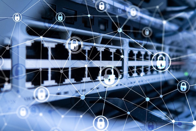 Concept de protection des données de confidentialité des informations de cybersécurité sur fond de salle de serveur moderne Concept de technologie Internet et numérique