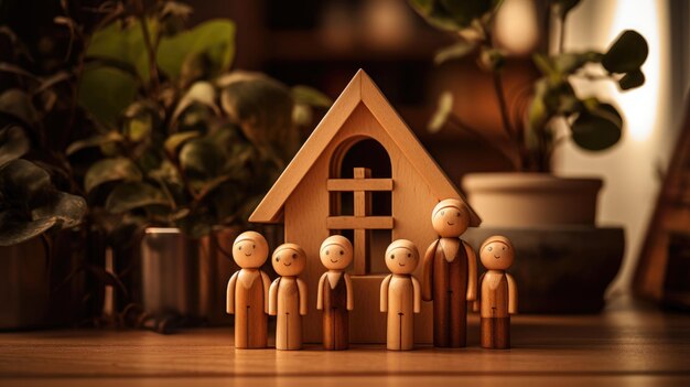 Photo concept de protection de la famille avec une famille de poupées en bois