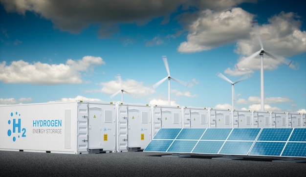 Concept de puissance au gaz avec un ciel frais et ensoleillé. Stockage d'énergie d'hydrogène avec des sources d'énergie renouvelables - ferme de centrales photovoltaïques et éoliennes. rendu 3D.