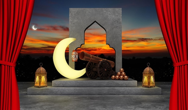 Concept de Ramadan Canon Ramadan kareem avec croissant avec chaise xAKing Throne rendu 3d