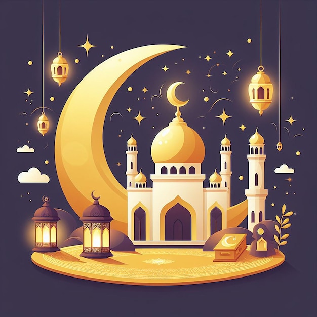 Le concept de Ramadan est un design plat avec une lune dorée.