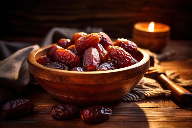 Concept de ramadan gros plan de fruits de dattes dans un ancien bol arabe sur une table en bois