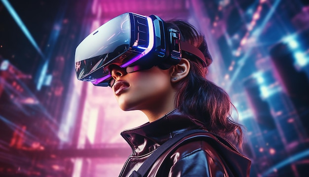 Concept de réalité virtuelle futuriste technologies vr et ar une femme à lunettes avec illustration 3d