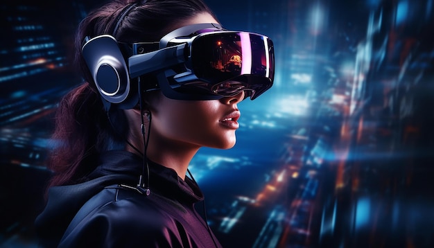 Concept de réalité virtuelle futuriste technologies vr et ar une femme à lunettes avec illustration 3d