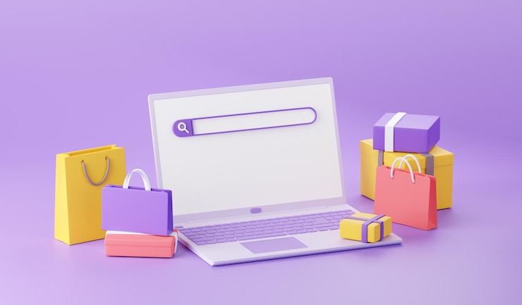 Photo concept de recherche sur le web d'achat en ligne illustration de rendu 3d d'un ordinateur portable avec des sacs à provisions et des boîtes autour de lui formulaire de site web pour la recherche d'informations ou le meilleur prix pour le concept de commerce électronique
