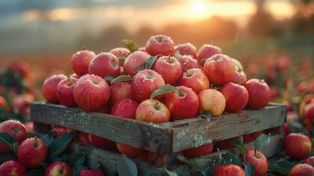 Concept de récolte des pommes d'automne sur la table au coucher du soleil