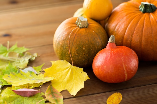 concept de récolte, de saison, de publicité et d'automne - gros plan de citrouilles et de feuilles sur une table en bois à la maison