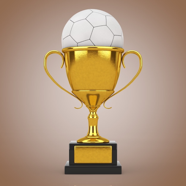 Concept de récompense de football de football. Trophée d'or avec ballon de football en cuir blanc sur fond marron. Rendu 3D